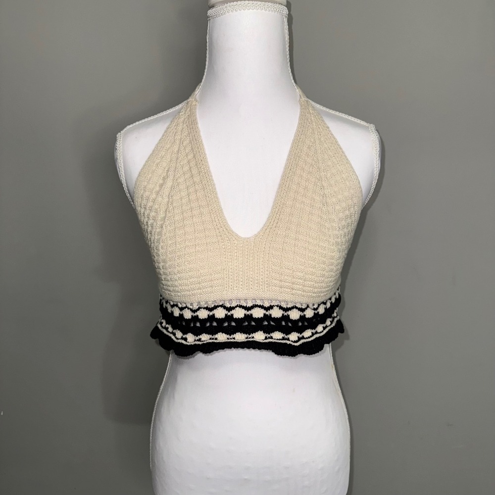 Sincerely Jules Medium Knit Halter Crop Top Cream Black Boho Festival Vneck